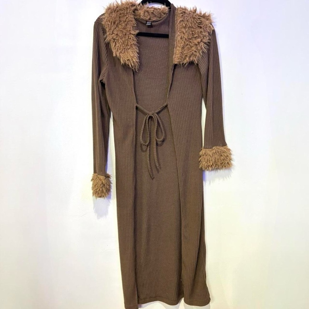_brown fur collar flannelette long cardigan🤎
